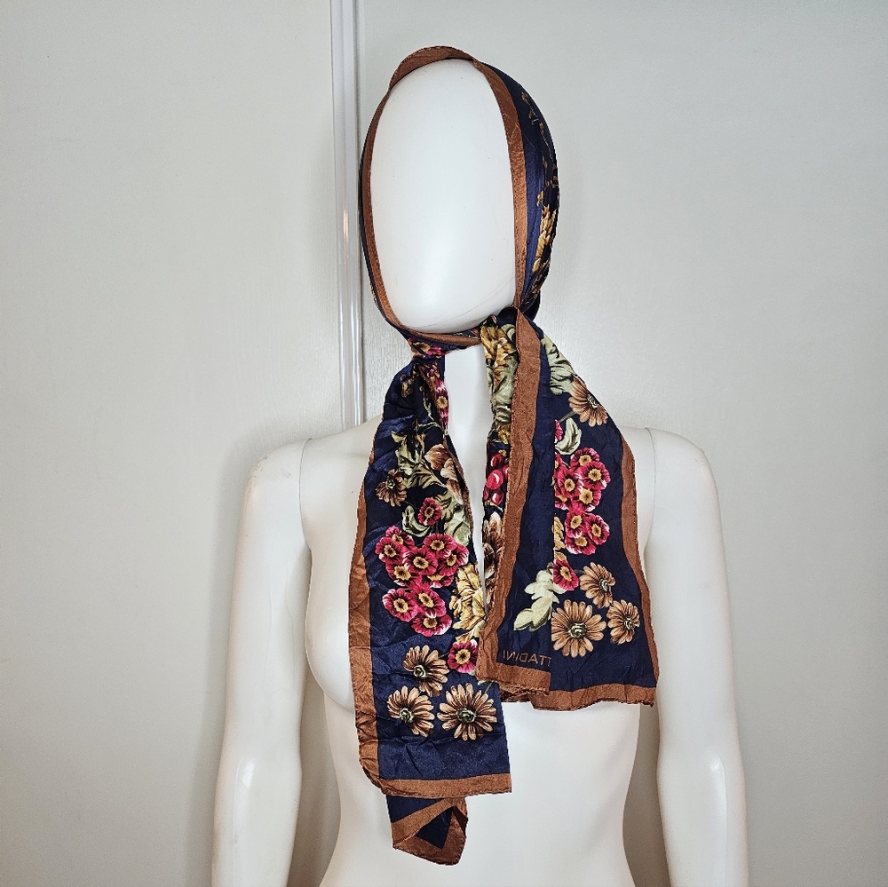 Adrienne Vittadini Foral Navy and Brown Scarf 100% Silk Printed In Korea